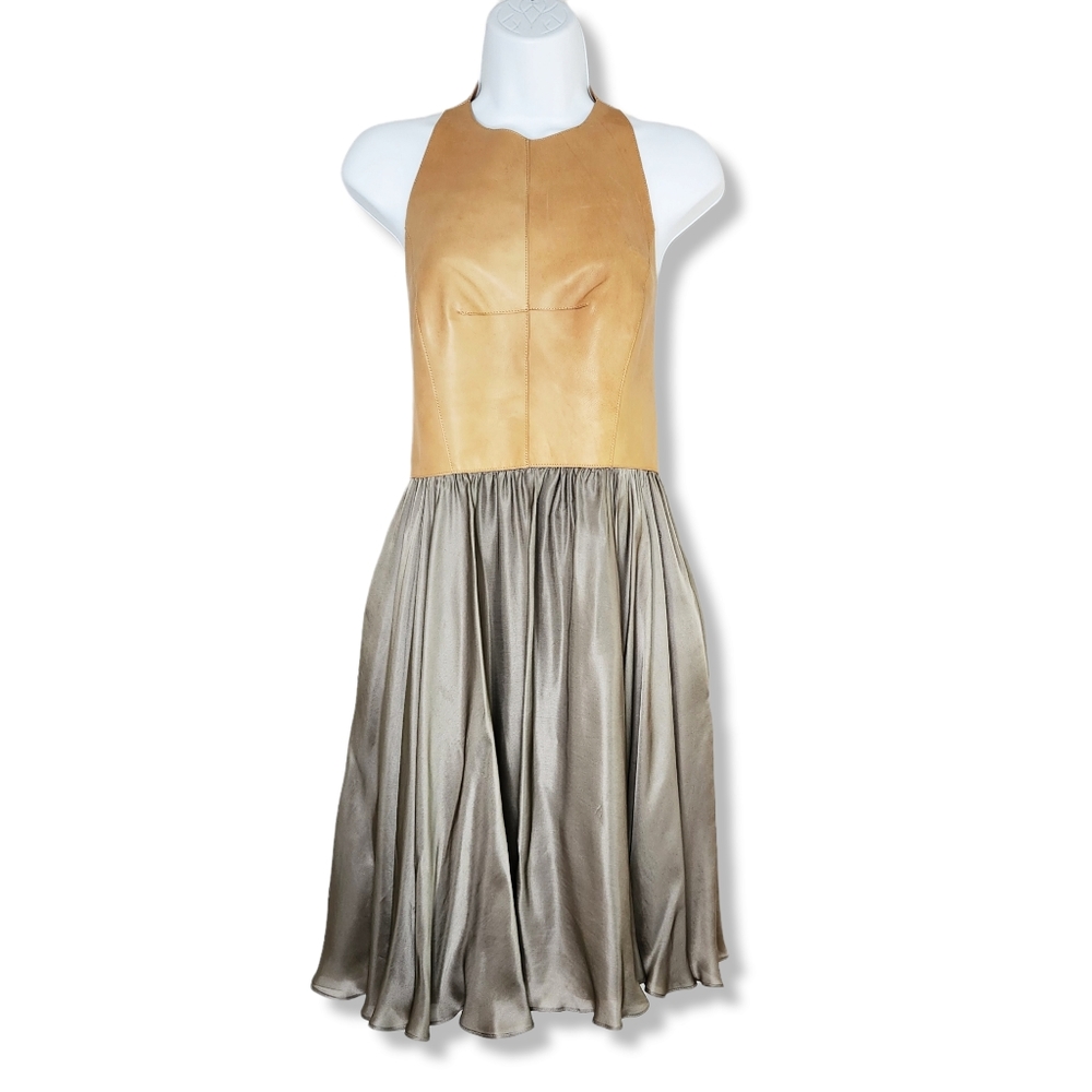 Derek Lam Leather Silk Halter Dress Size 4 Tan Grey Fit and Flare